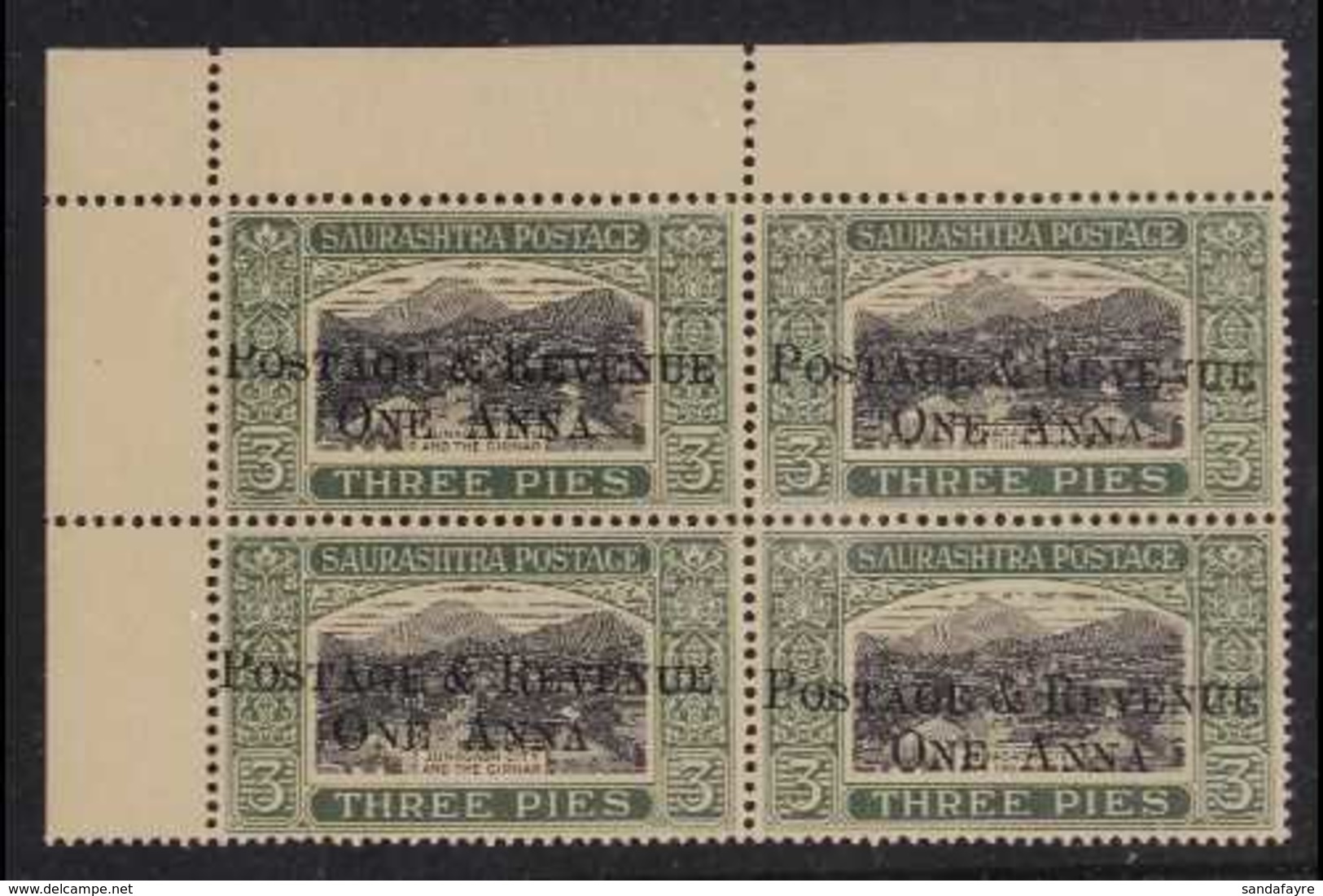 SAURASHTRA 1950 1a On 3p Black & Blackish Green Surcharge, SG 61, Never Hinged Mint Upper Left Corner BLOCK Of 4 With SM - Andere & Zonder Classificatie