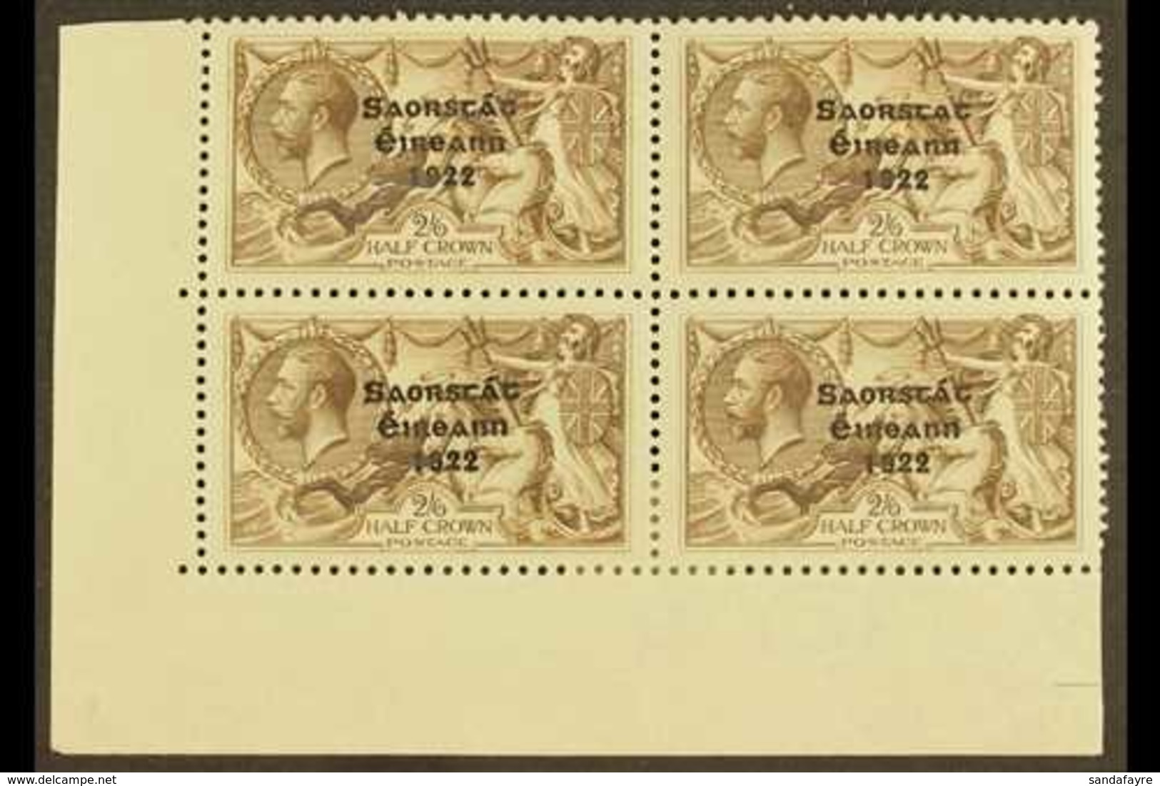 1922 2s 6d Chocolate Brown, Corner Marginal Block Of 4, Top Right Stamp Showing The Variety "No Accent", SG 64/64b, Very - Andere & Zonder Classificatie