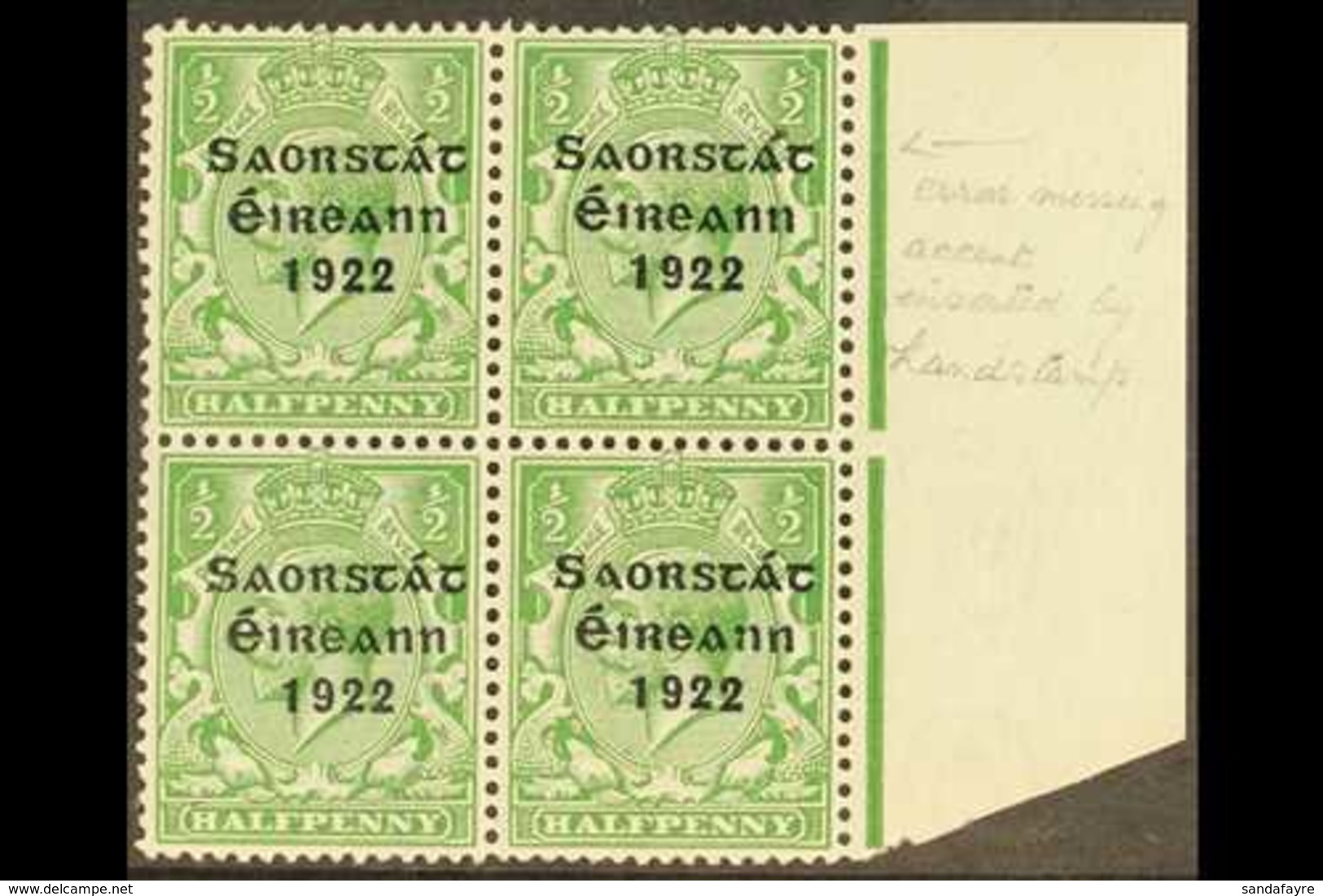 1922-23 ½d Green, Right Marginal Block Of Four, One Showing Accent Inserted By Hand, SG 52b, Very Fine Mint, The Variety - Andere & Zonder Classificatie