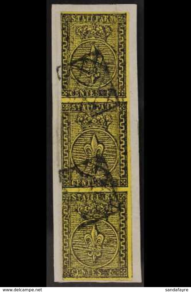 PARMA 1852 5c Black On Orange Yellow, Sass 1, Vertical Strip Of Three Stamps, Brushing Left Margins, Fine Used With Loze - Sin Clasificación