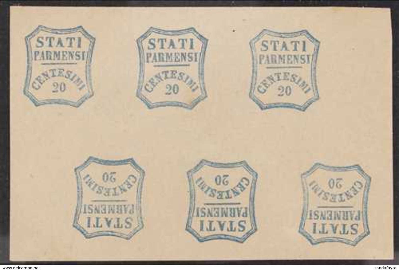 PARMA FORGERIES. 1859 20c Blue (as Sassone 15) Tête Bêche Block Of 6 On Ungummed Paper. (6 Stamps) For More Images, Plea - Sin Clasificación