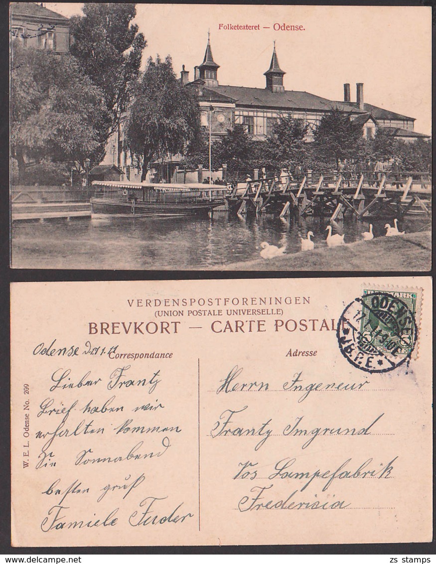 Carte Postale ODENSE Folketeateret 17.1.1911, Brücke Kahn, Schwäne - Dänemark