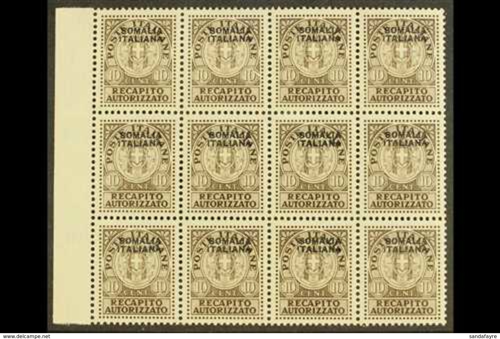 SOMALIA 1939 10c Brown Recapito Autorizzato, Sass 1, Superb NEVER HINGED MINT Marginal Block Of 12. Each Signed Stamp Di - Andere & Zonder Classificatie