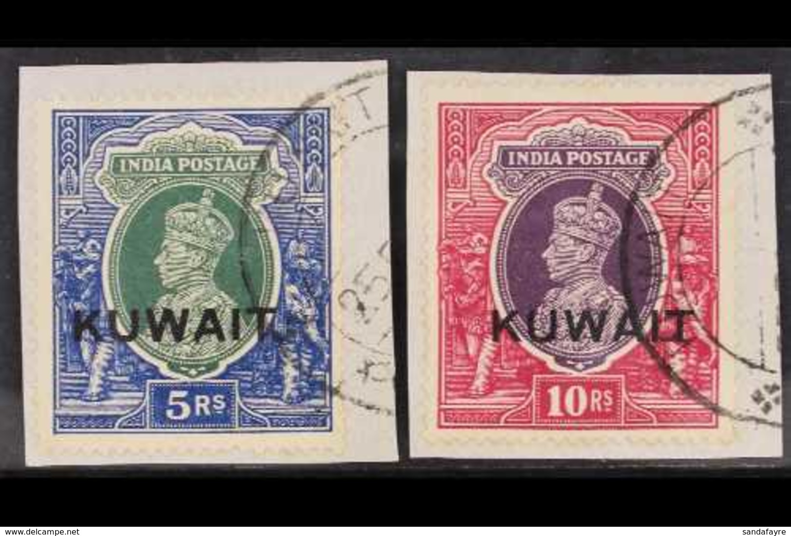 1939 5r And 10r King George VI Stamps Of India Overprinted "KUWAIT", SG 49/50, Each Very Fine Used On Piece. (2 Stamps)  - Koeweit