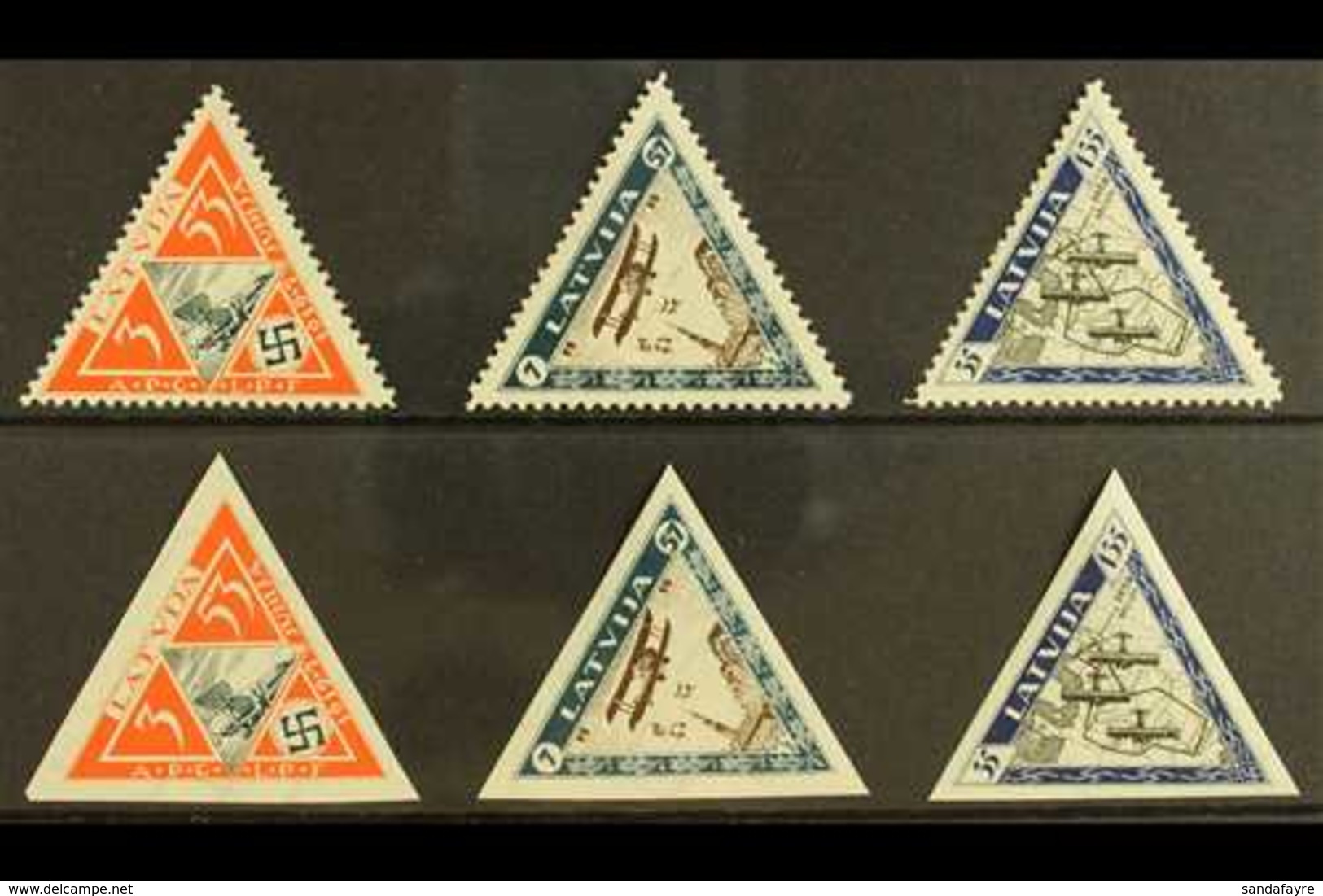1933 Wounded Airmen Triangular Perforated & Imperforate Sets, Mi 225A/227A & 225B/227B, SG 240A/42A & 240B/42B, Fine Min - Lettonie