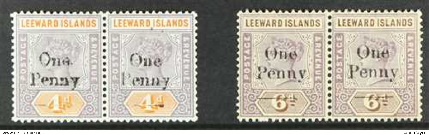 1902 1d On 4d And 1d On 6d, Horizontal Pairs With One In Each Showing Tall Narrow "O", SG 17a/18a, Fine Mint. (2 Pairs)  - Leeward  Islands