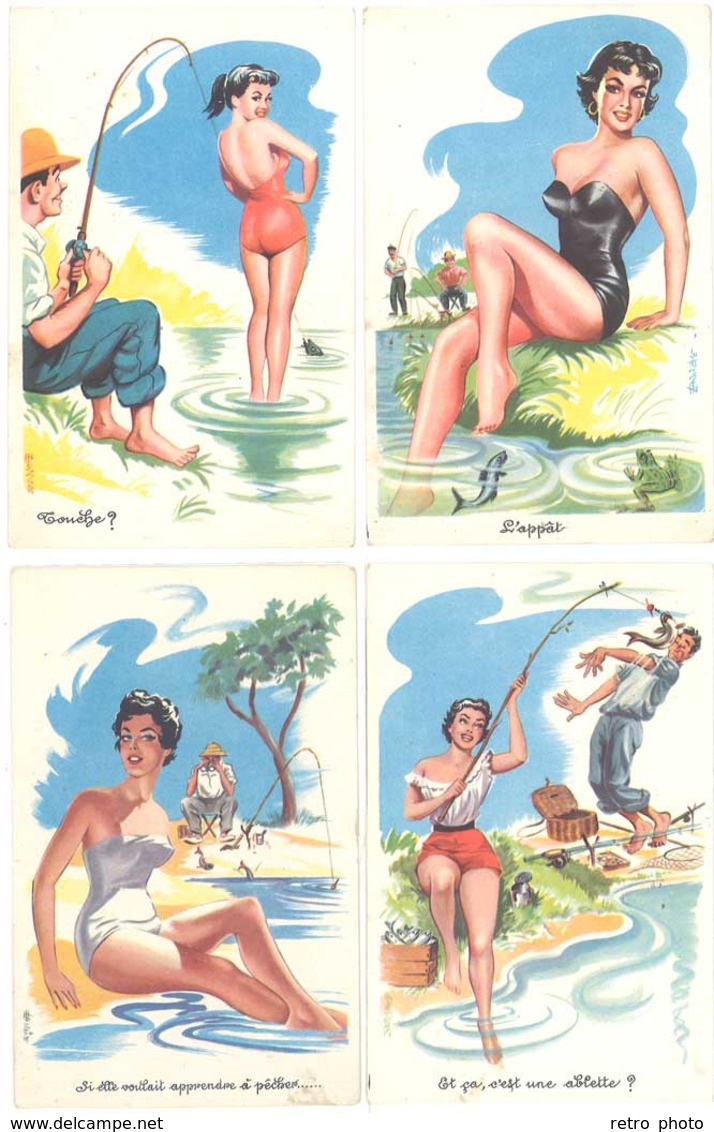 4 CPSM Signées Carrière – Pin-up , Pêche, Pêcheur - Carrière, Louis