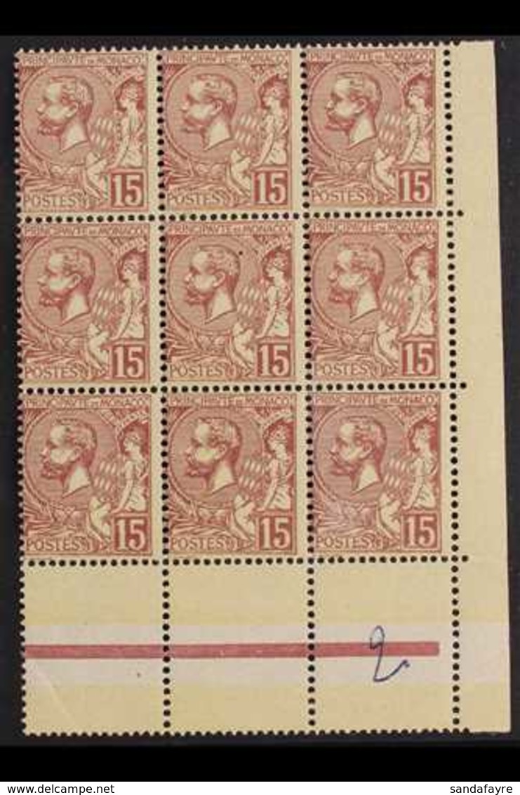 1901 15c Purple-brown On Yellow (Yvert 24, SG 24), Never Hinged Mint Lower Right Corner BLOCK Of 9 With One Stamp Showin - Otros & Sin Clasificación