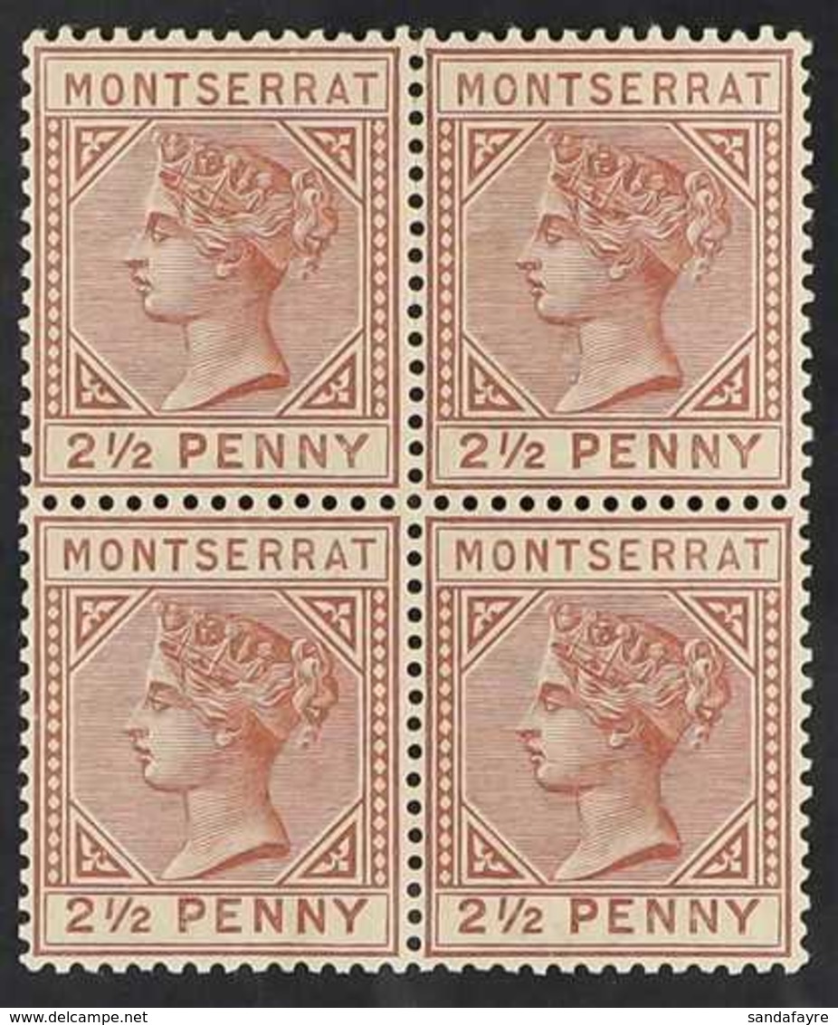 1884-85 2½d Red Brown, Wmk CA, Perf 14, SG 9, Mint Block Of 4 With Evenly Toned Gum (the Lower Pair Never Hinged), Some  - Montserrat