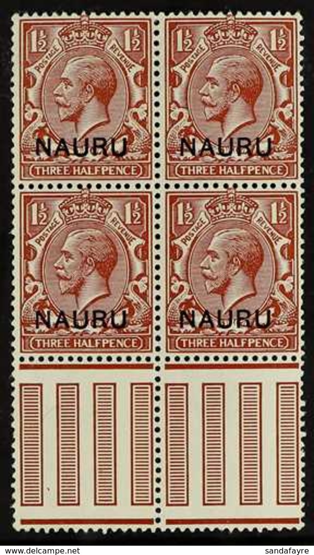 1916 - 23 1½d Red-brown, SG 3,  Interpanau Block Of 4 Showing The Varieties "Shaved N" (R19/7) And "Broken R" (R20/20),  - Nauru