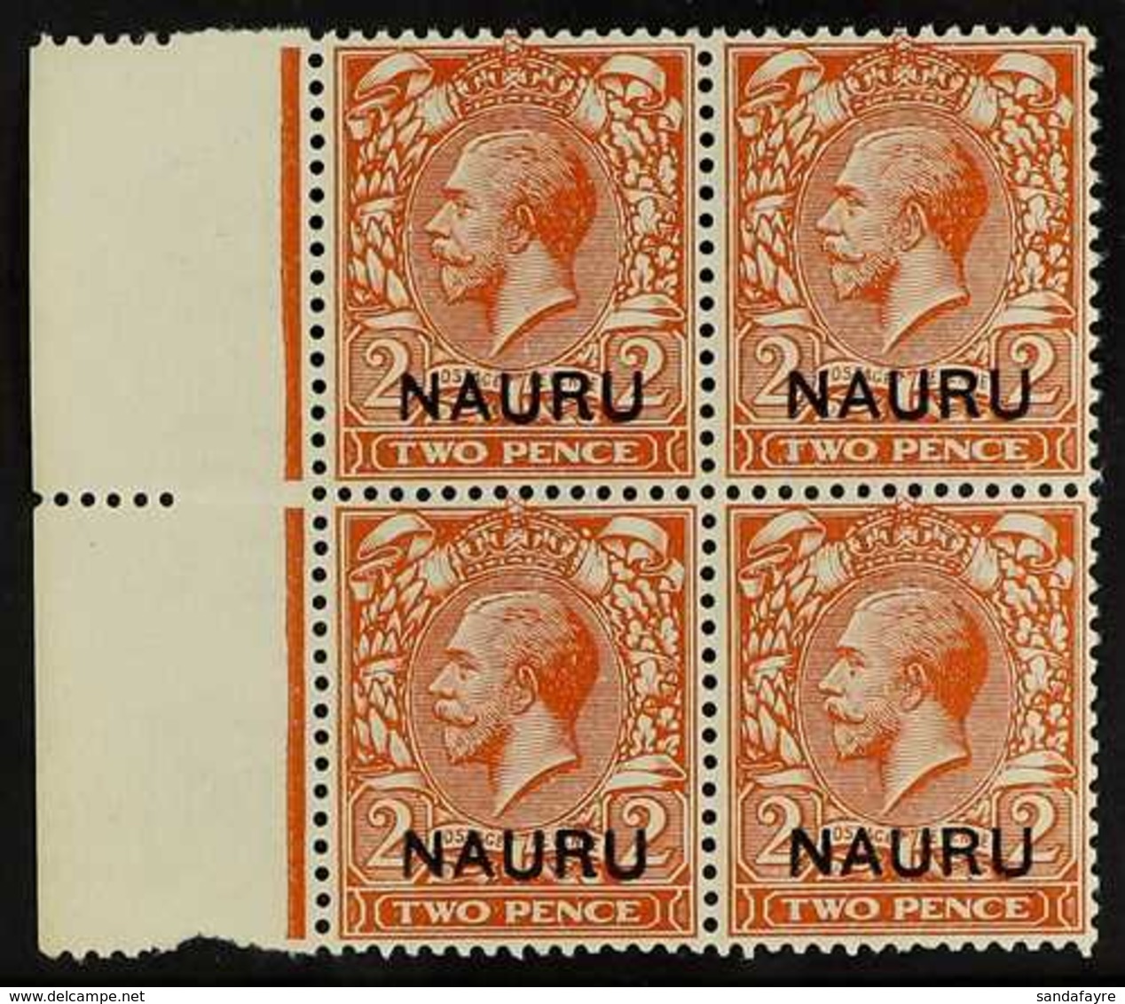 1916 -23 2d Orange Die I, Variety "wmk Inverted And Reversed", SG 4y, Very Fine Never Hinged Marginal Mint Block Of 4. F - Nauru