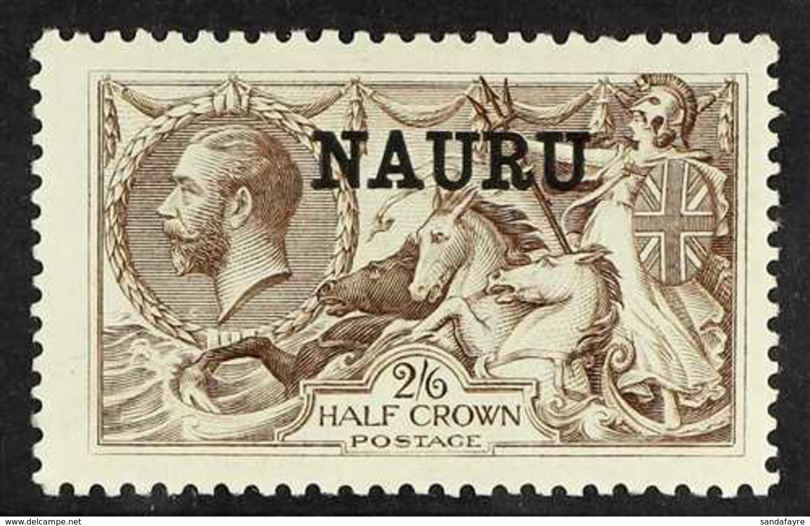 1919 2s 6d Chocolate Brown, Waterlow Seahorse, Variety "Double Overprint, One Albino", SG 24b, Very Fine Mint. For More  - Nauru