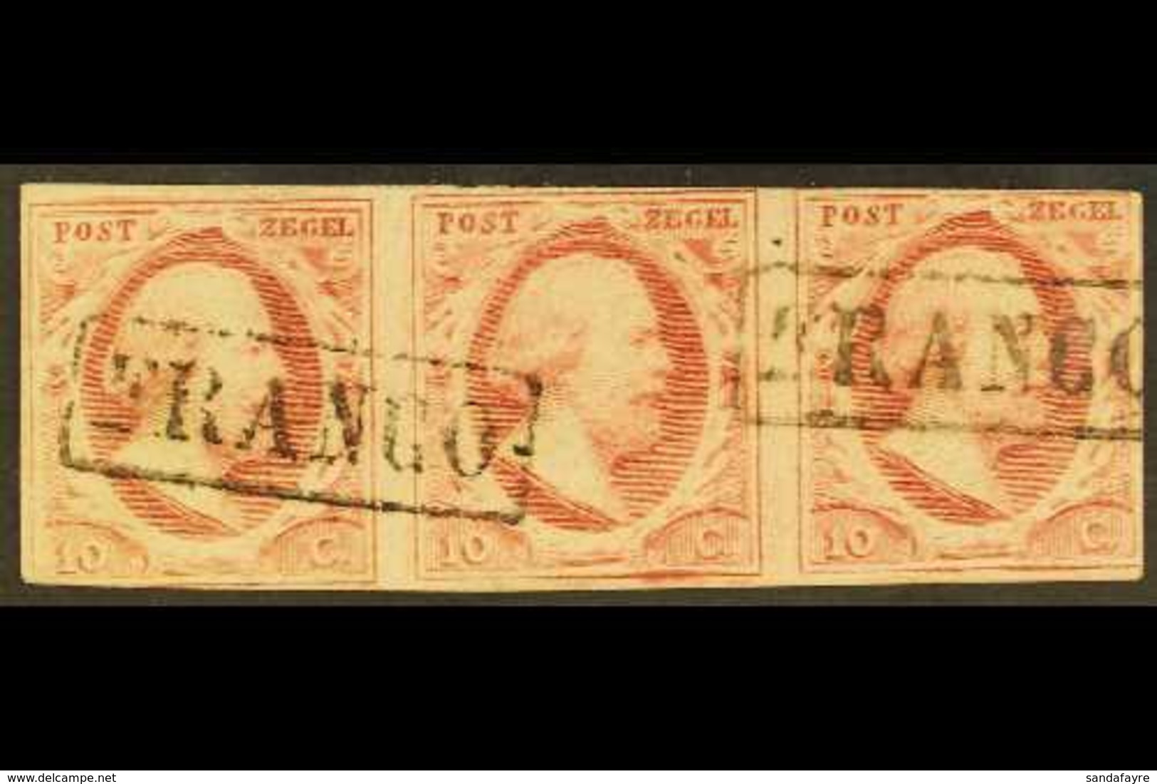 1852 10c Carmine, Imperf Horizontal STRIP OF THREE, Mi 2, SG 2, NVPH 2, Fine Used, Cancelled By Boxed "Franco" Postmarks - Andere & Zonder Classificatie