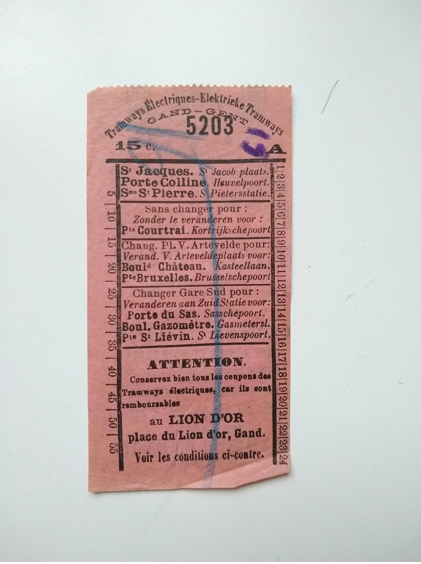 Billet Publicitaire Tram Electriques Tramways St. Jacques > St. Pierre Gand Gent Ticket Belgique Lion D'Or Confections - Europe