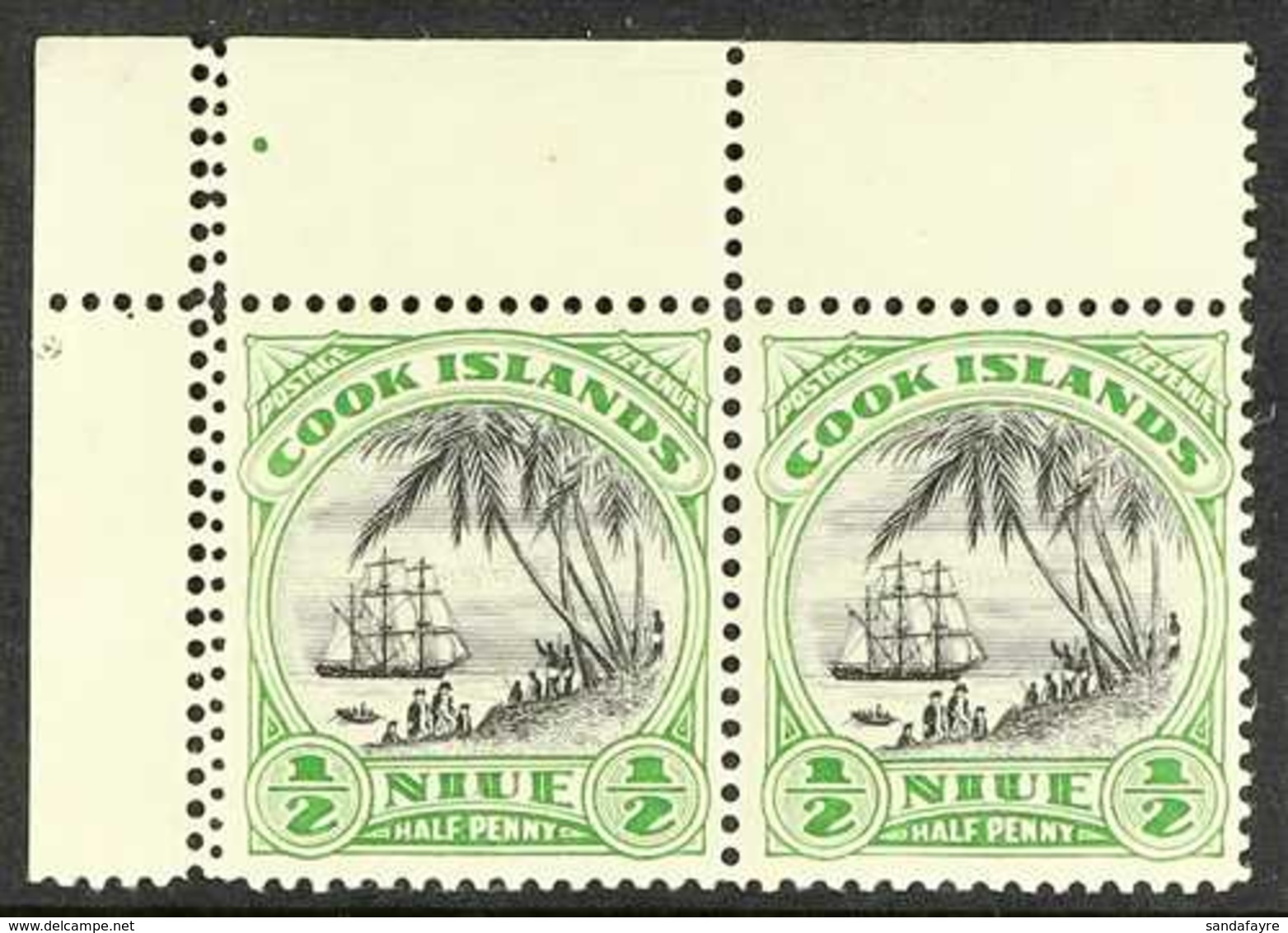 1932 ½d Black And Emerald Pictorial, Upper Left Corner Horizontal Horizontal Pair, Perforated 14 Between Stamp And Left  - Niue