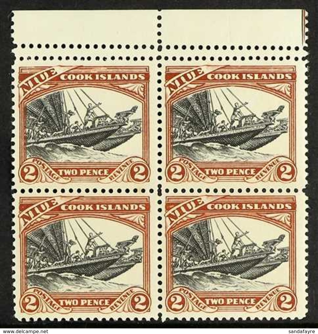 1932 2d Black And Red-brown Pictorial, Upper Marginal Block Of Four, Perforated 14 Between Stamps And Top Margin, SG 57a - Niue