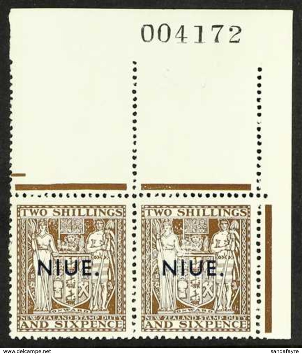 1941 2s.6d Deep Brown Postal Fiscal, Single Line Watermark With Type 17 Thin Overprint, SG 79, Never Hinged Mint Upper R - Niue