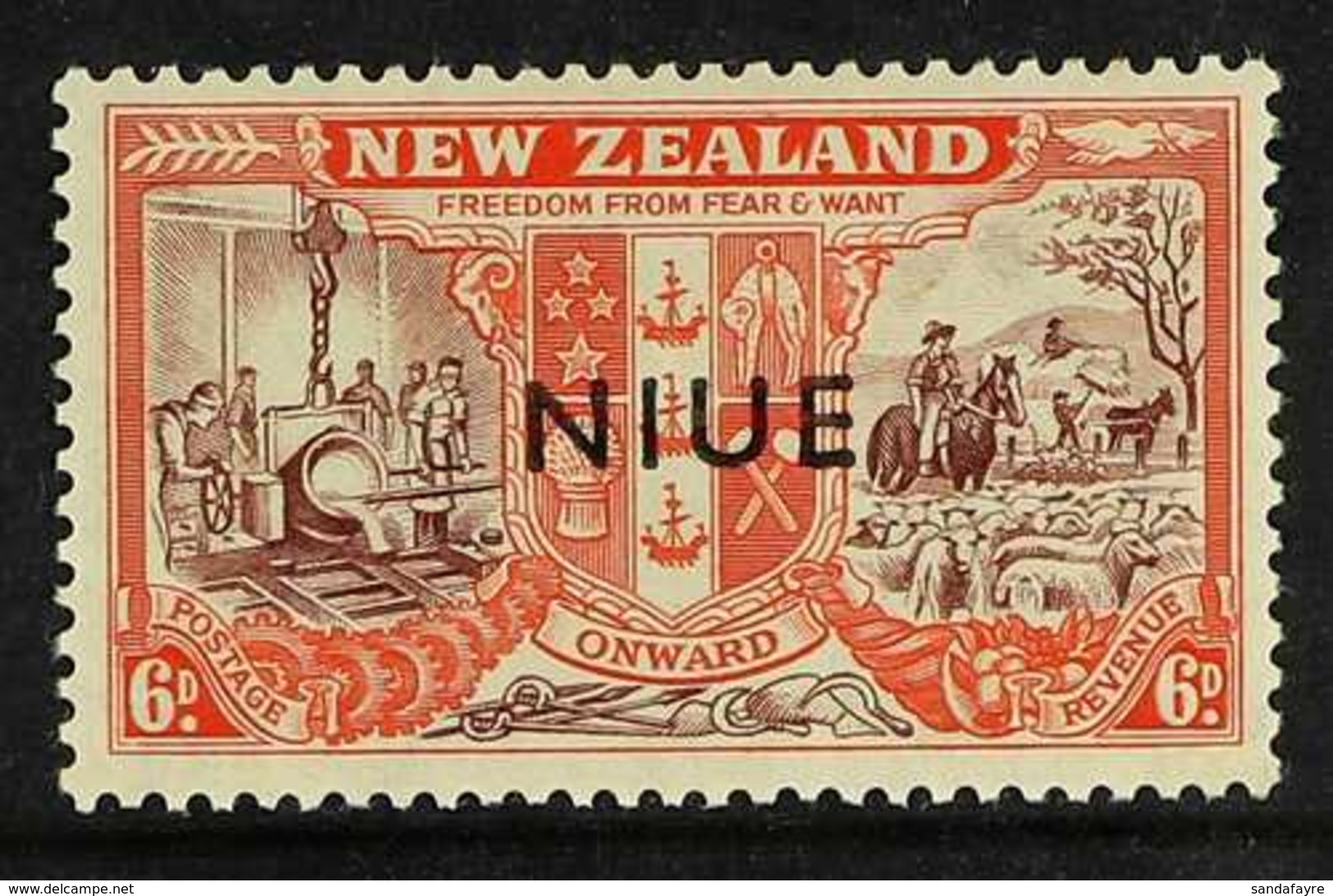 1946 6d Chocolate And Vermilion Peace, Overprint Double, One Albino, SG 100a, Fine Mint. For More Images, Please Visit H - Niue