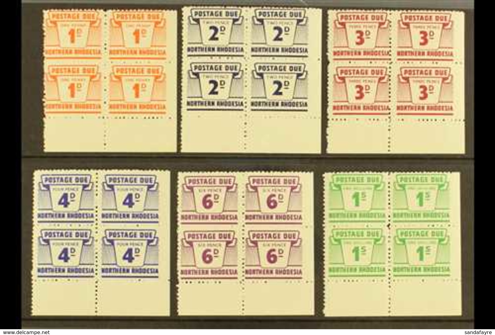 POSTAGE DUES 1963 Set Of 6 Values In CORNER Blocks Of 4, IMPERF TO RIGHT MARGIN, SG D5/10, Never Hinged Mint (6 Blocks). - Noord-Rhodesië (...-1963)