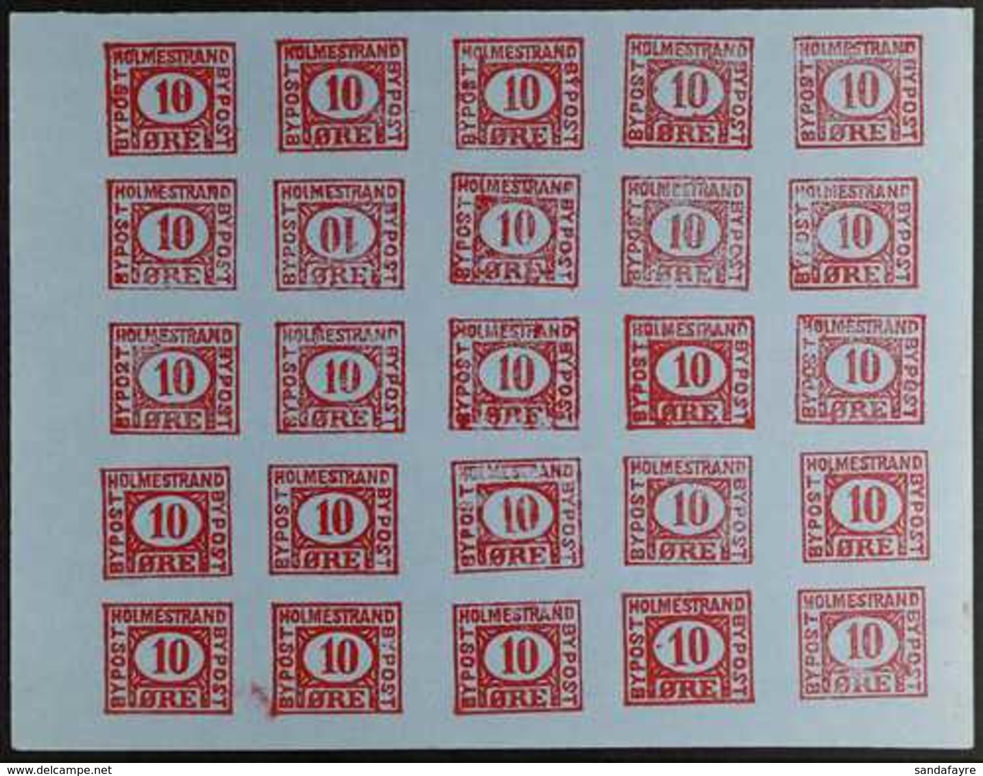 LOCAL BYPOST HOLMESTRAND 1888 10o Red On Blue Complete IMPERF SHEET Of 25 Stamps, Unused No Gum As Issued, One Stamp Wit - Otros & Sin Clasificación