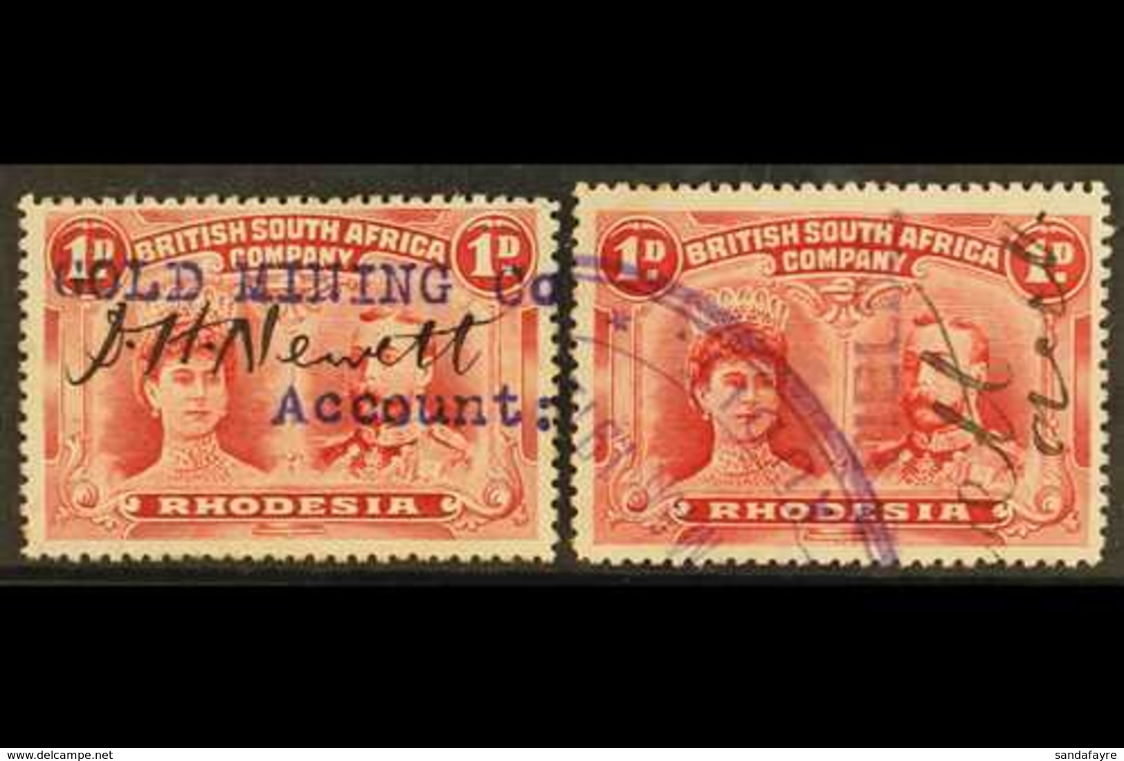 GOLD MINING 1910-13 1d Carmine Double Heads, Fiscally Used Circa 1912, With "Gold Mining Co" And "Goldfields" Overprint/ - Andere & Zonder Classificatie