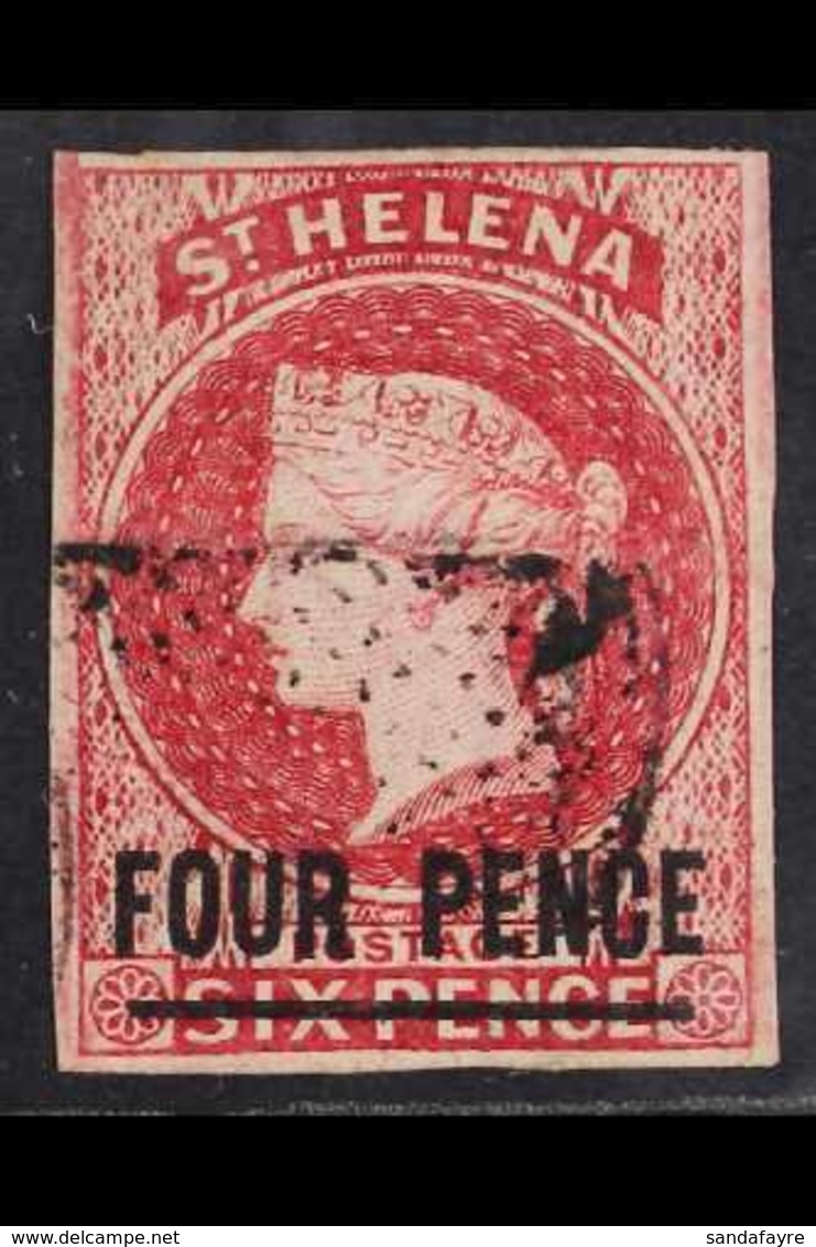 1863 4d Carmine Imperf With Bar 15½-16½mm, SG 5, Fine Used With Four Margins And Neat Cancel. For More Images, Please Vi - Isla Sta Helena
