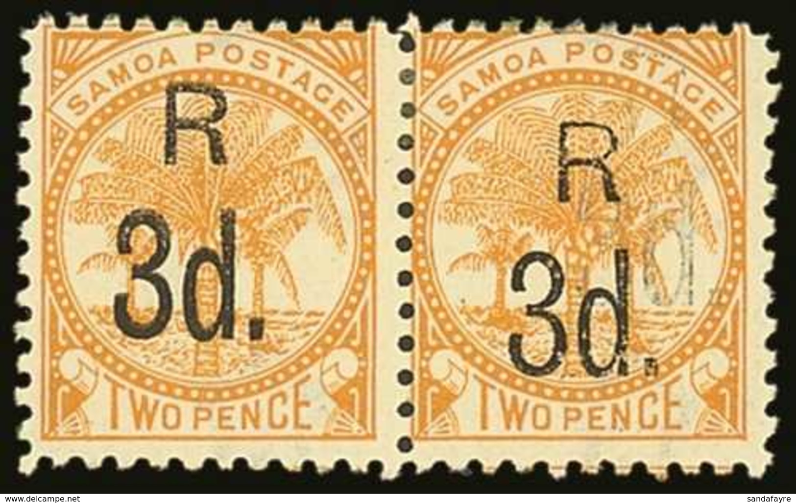 1895-1900 3d On 2d Yellow, Perf 11, PAIR WITH DOUBLE SURCHARGE VARIETY On One Stamp, SG 76a, Odenweller OB3fR1(z), Fine  - Samoa