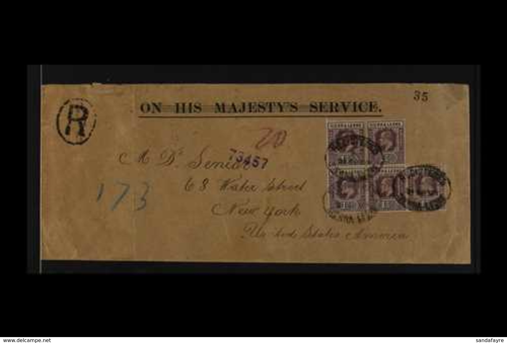 1905 OHMS COVER (Sept) Registered Cover To New York With OHM Obliterated By The Horizontal Bars, Bearing 1½d Chalky Pape - Sierra Leone (...-1960)