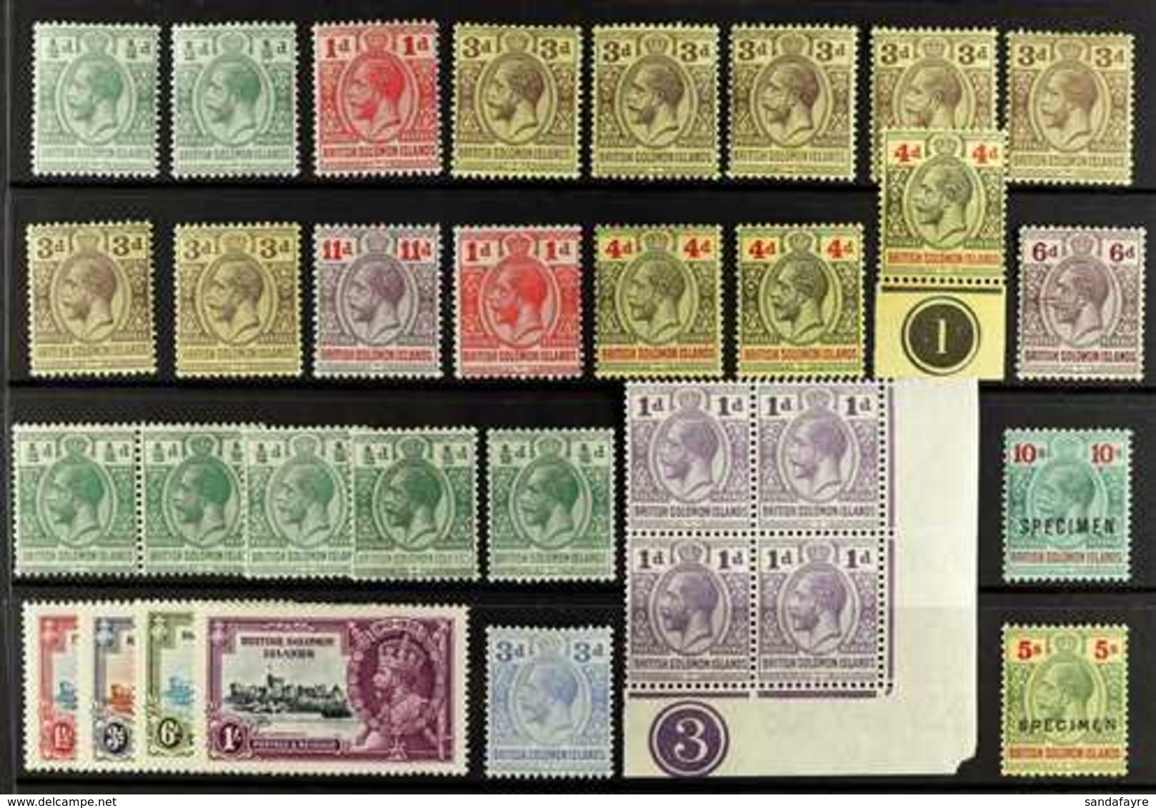 1913-35 MINT HOARD Presented On A Stock Card & Includes 1913 Set Plus 3d Paper Shades, 1914-23 MCA Wmk Range To A 10s Op - Salomonseilanden (...-1978)