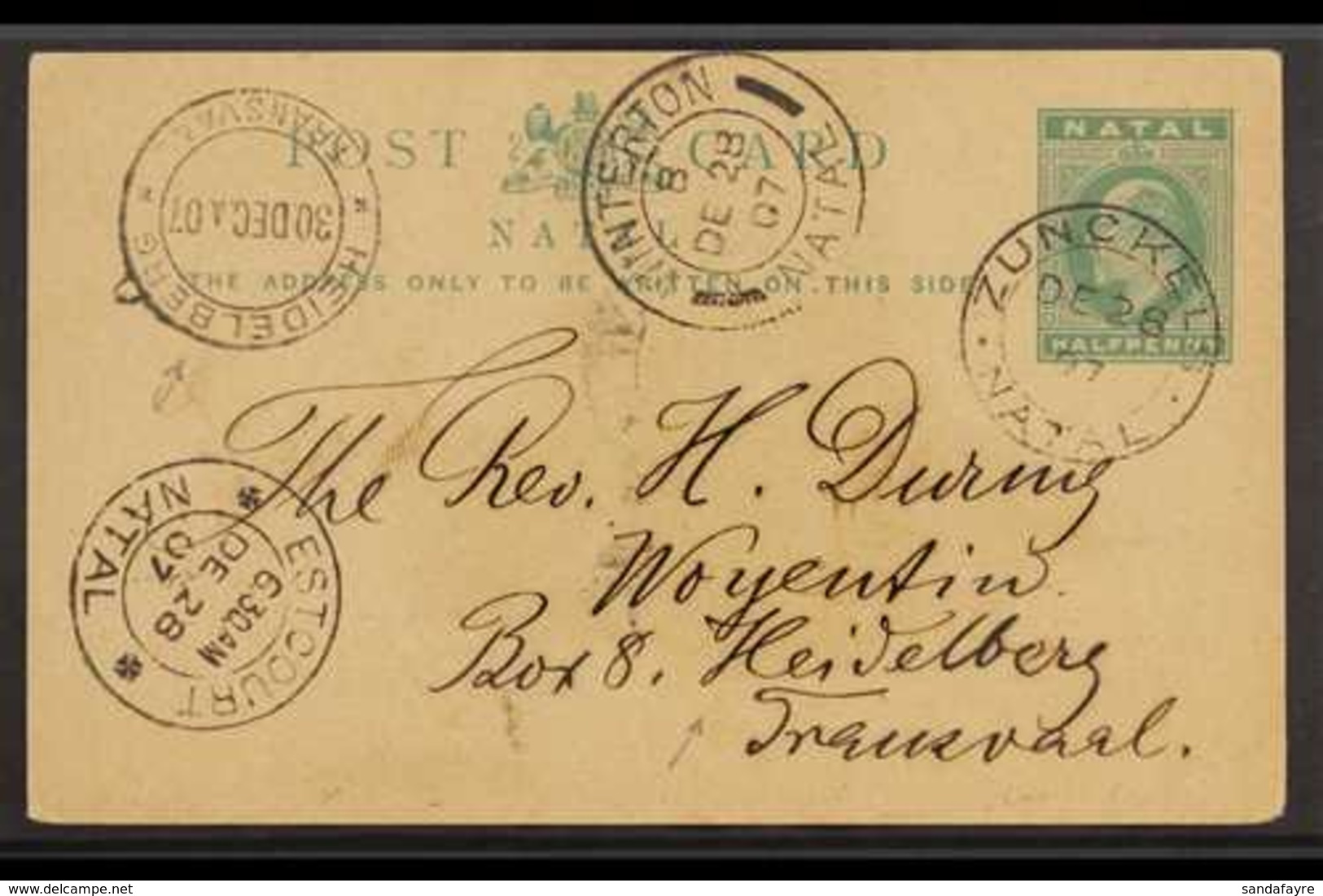 NATAL FOUR C.D.S. POSTMARKS - 1907 KEVII ½d Postal Stationery Postcard Addressed To Transvaal, Posted Zunckel And Then ( - Zonder Classificatie