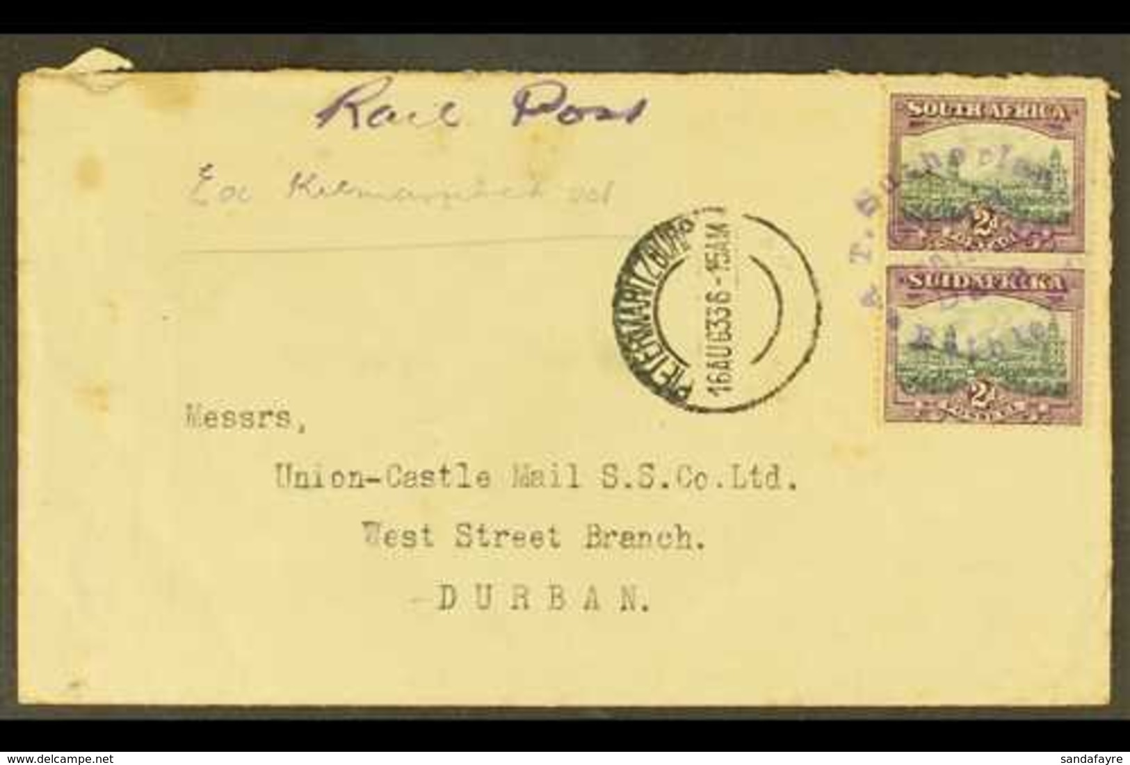 1933 "RAIL POST" COVER 1933 (16 Aug) Cover To Durban, Endorsed "Rail Post", Bearing 2d Vertical Pair Tied By "A.T.Suther - Zonder Classificatie