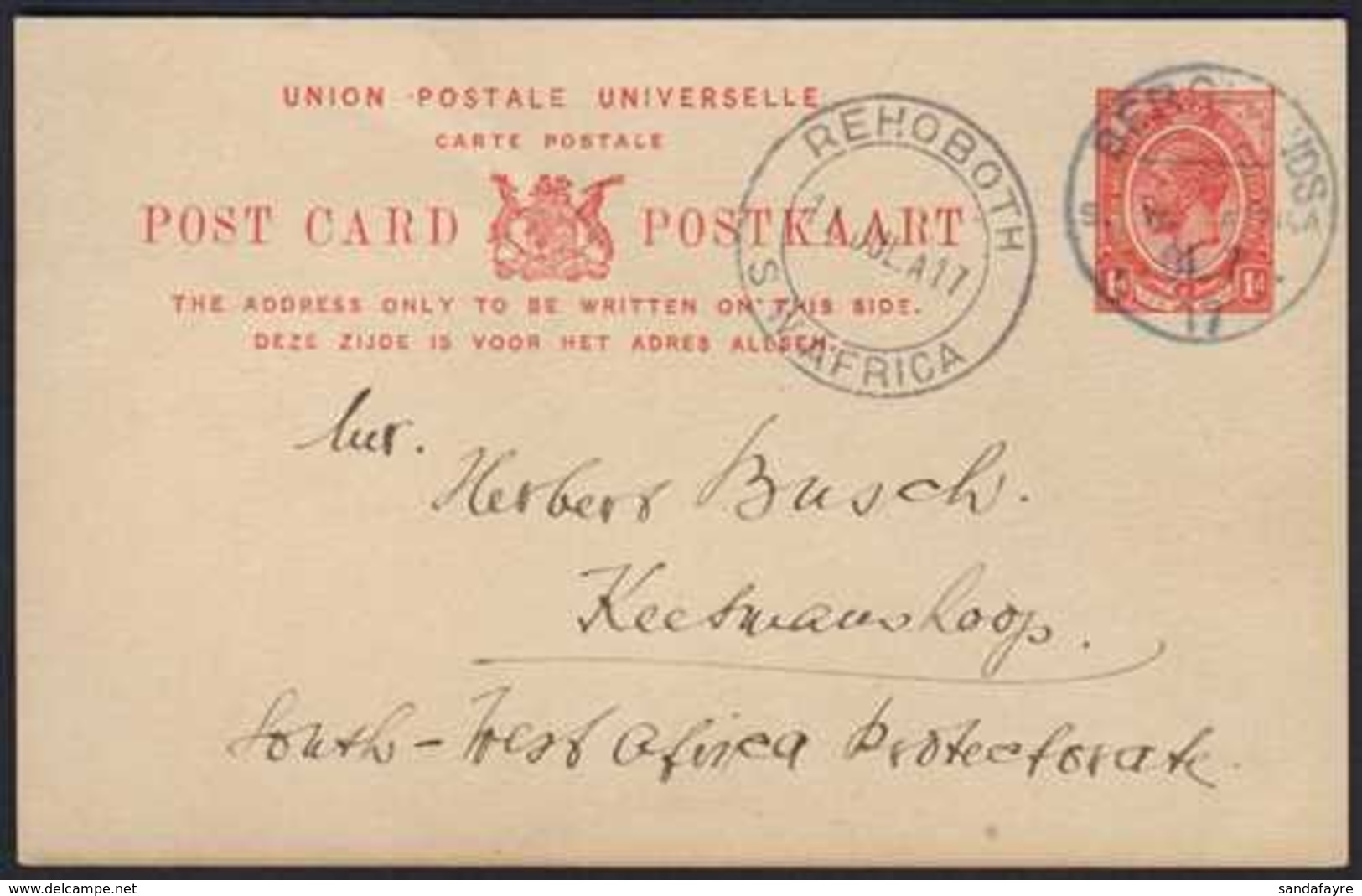 1917 (10 Jul) 1d Union Postal Card To Keetmanshoop With Fine "BERGLANDS" Cds Postmark, Putzel Type B1 Oc (showing "01.7. - Afrique Du Sud-Ouest (1923-1990)