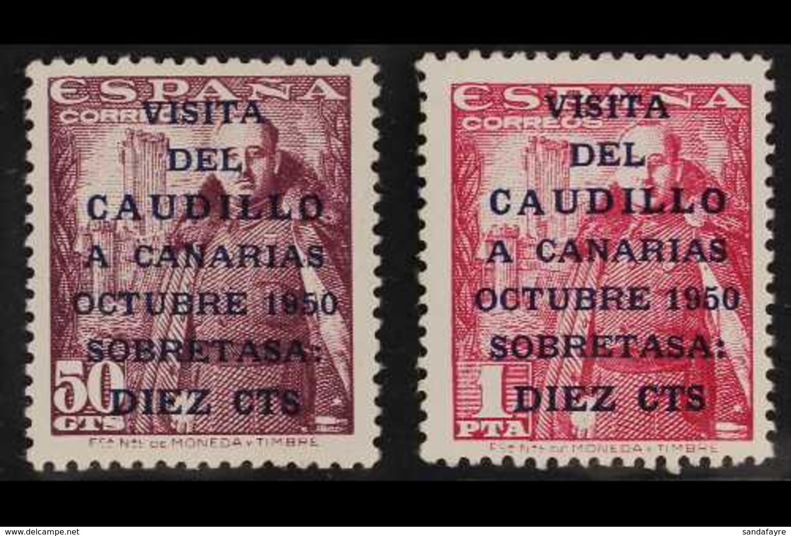 1950 (23 Oct) General Franco's Canary Island Visit ("CAUDILLO" 16½ Mm Long) 10c On 50c And 10c On 1p (Edifil 1083A/B, SG - Andere & Zonder Classificatie