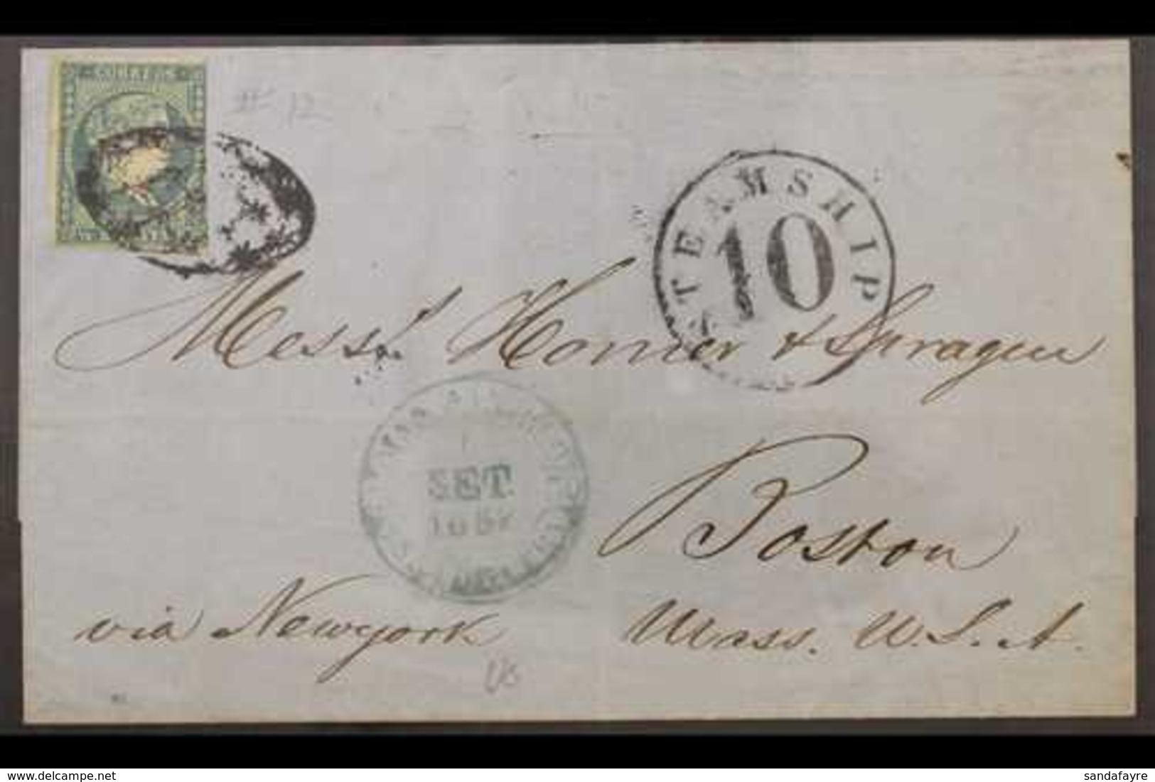 CUBA 1857 (Sep) Entire Addressed To Boston (USA), Bearing 1856 ½r Blue-green Stamp (3 Margins) Tied By Oval Cancel, Plus - Otros & Sin Clasificación