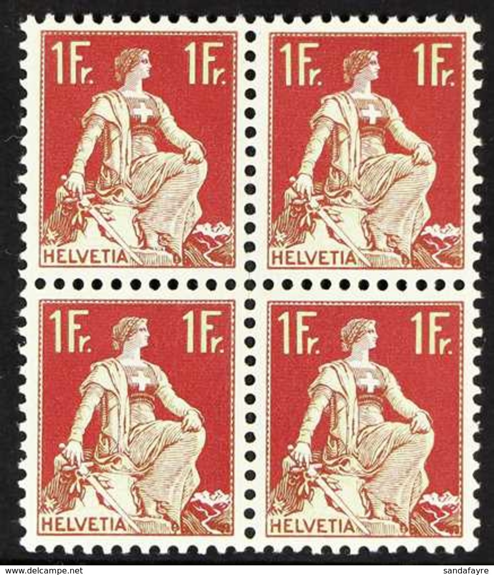 1933  1fr Pale Green & Claret "Helvetia", Grilled Gum, Mi 190z, SG 245a, Block Of 4, Never Hinged Mint (4 Stamps) For Mo - Sonstige & Ohne Zuordnung