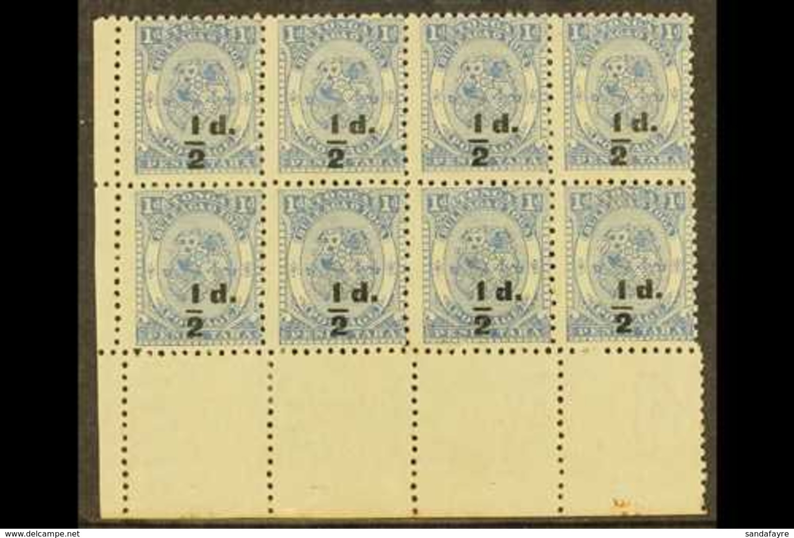 1893 ½d On 1d Dull Blue Surcharge In Black, SG 19, Fine Unused No Gum Lower Left Corner BLOCK Of 8, Fresh & Attractive.  - Tonga (...-1970)