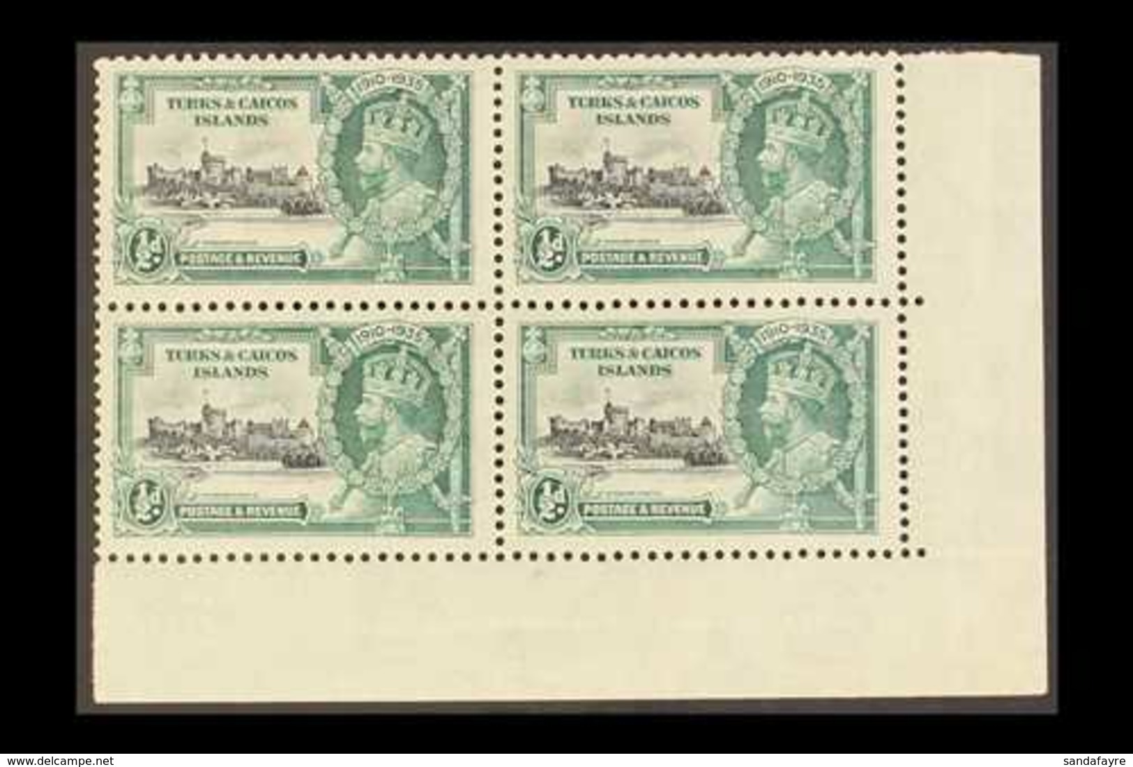 1935 Silver Jubilee ½d Kite And Horizontal Log Variety, SG 187l, Within Mint Corner Block Of Four, The Variety Never Hin - Turcas Y Caicos