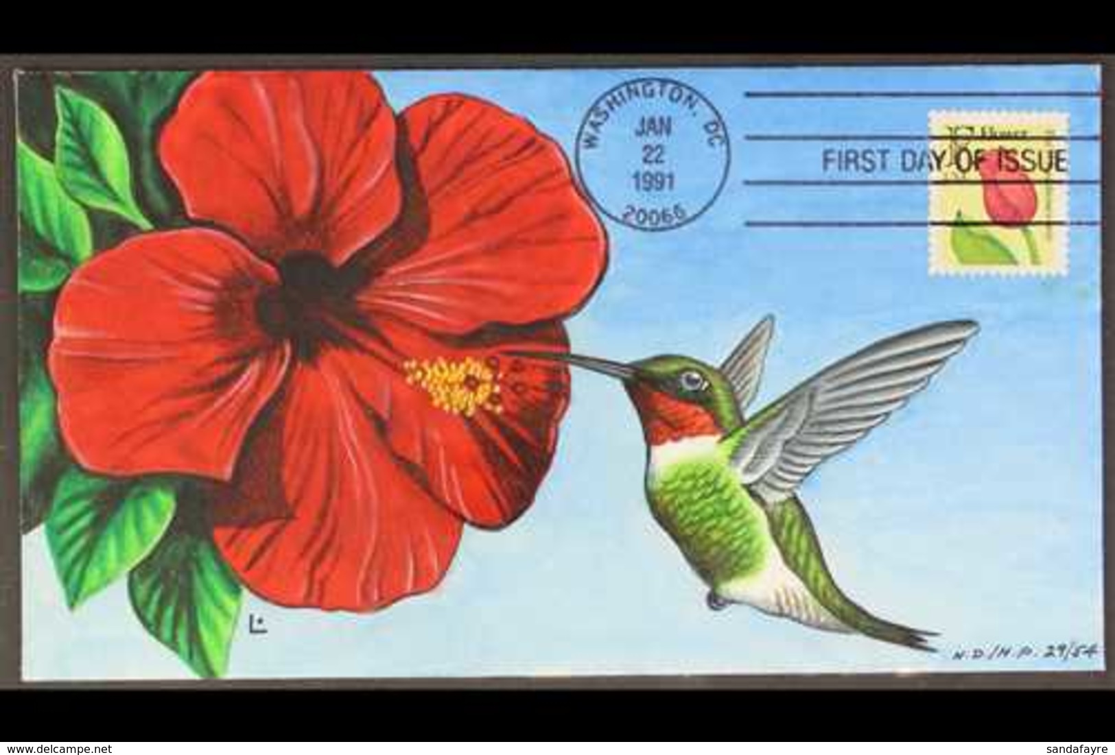 HAND PAINTED FIRST DAY COVER 1991 Flower "F" Stamp, Scott 2517, Used On Hand Painted FDC Showing A Hummingbird And Hibis - Autres & Non Classés