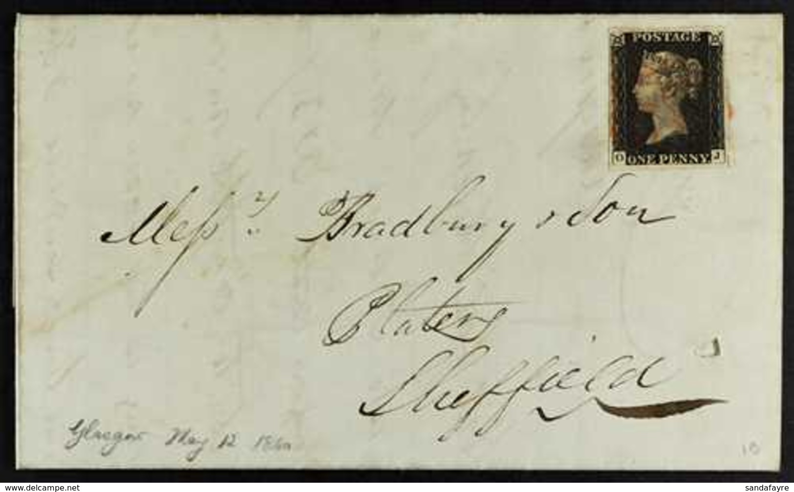 1840 12TH MAY COVER. 1840 (12 May) EL From Glasgow To Sheffield Bearing 1d Black 'OJ' Plate 1b Barely Tied By Red MC Can - Non Classés