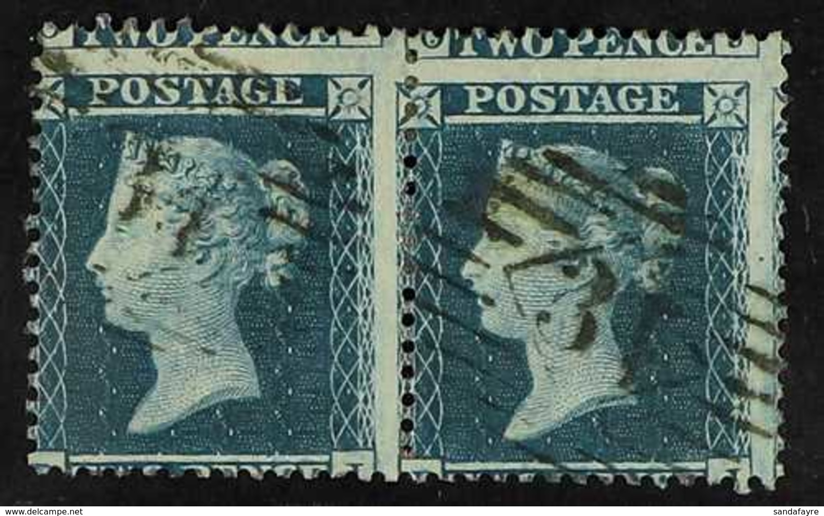 1854-7 2d Blue, Plate 5, Wmk Small Crown, Perf.14, SG 23a, PAIR With Dramatic Perforation Shift, Portion Of Adjoining St - Otros & Sin Clasificación