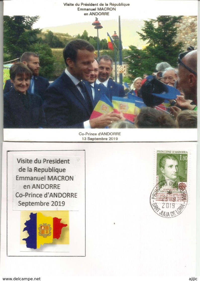 Visite Du President Macron,Co-Prince D'Andorre, Septembre 2019.,au Dos General De Gaulle, Co-Prince, Avec Cachet Andorre - Andorre