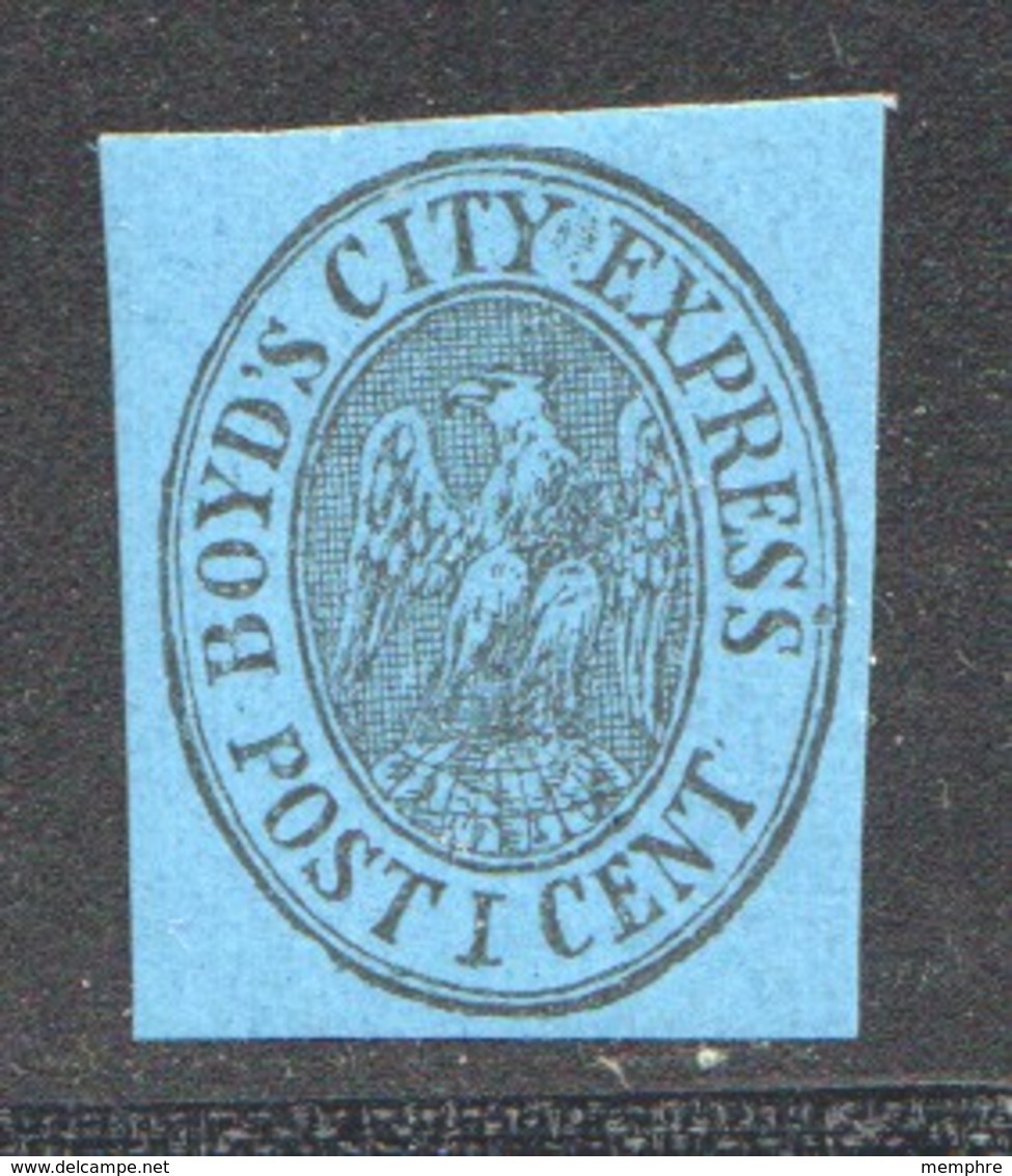 Boyd's City Express, New York  1 Cent Black On Blue, Full Original Gum  Scott 20L25 ** - Locals & Carriers
