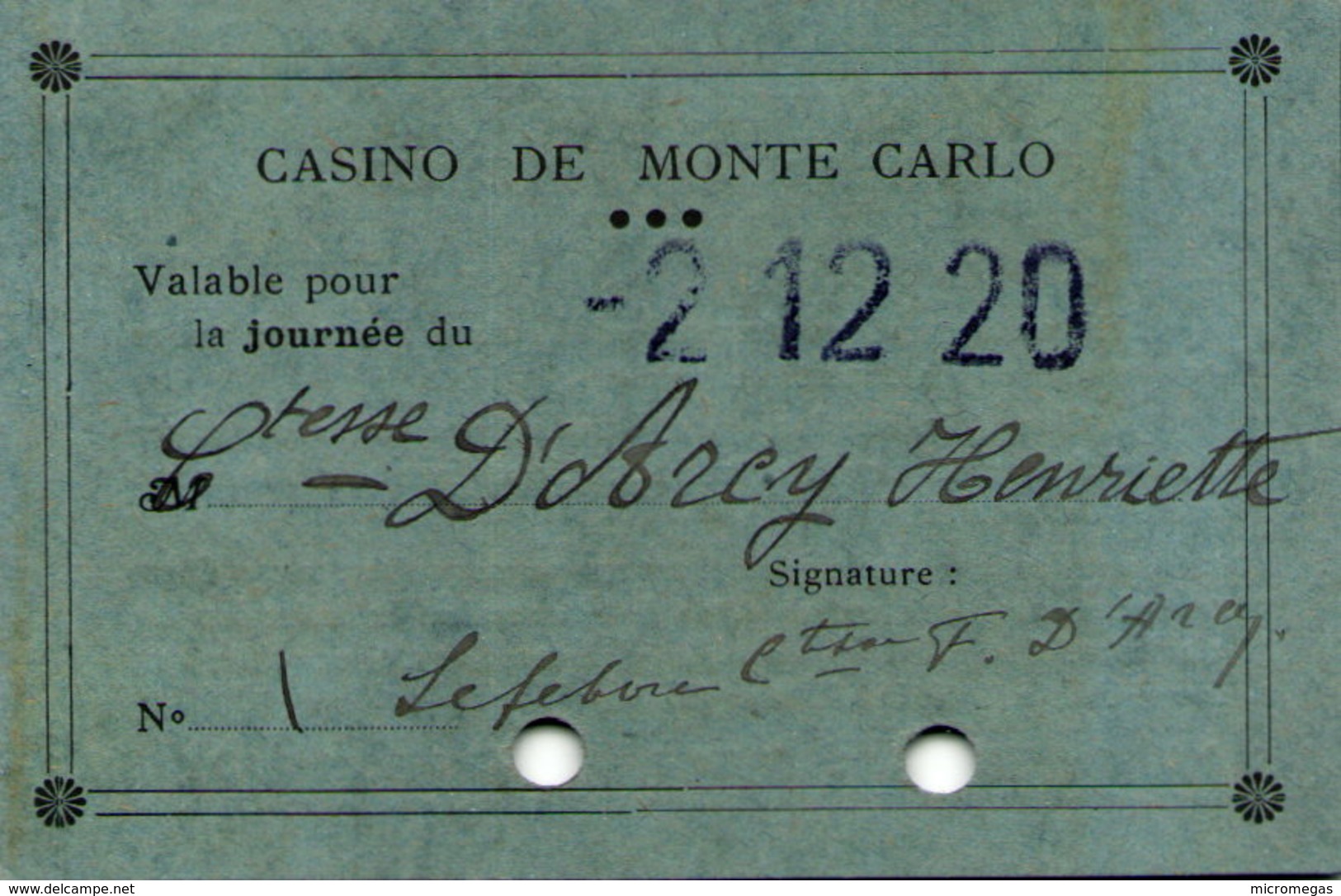 Casino De MONACO - Ticket D'entrée De La Comtesse Henriette D'Arcy, 2-12-1920 - Tickets D'entrée