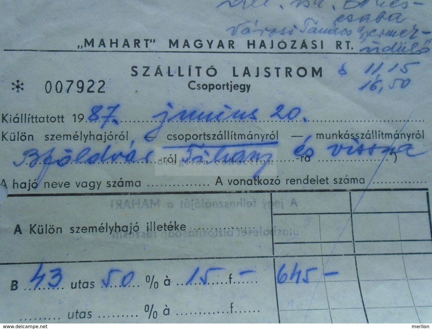 ZA271.7  Hungary  Ferry Group Ticket - Balatonföldvár- Tihany  1987 - 43 Person - Bateau - Ship Schiff -Balaton MAHART - Europe