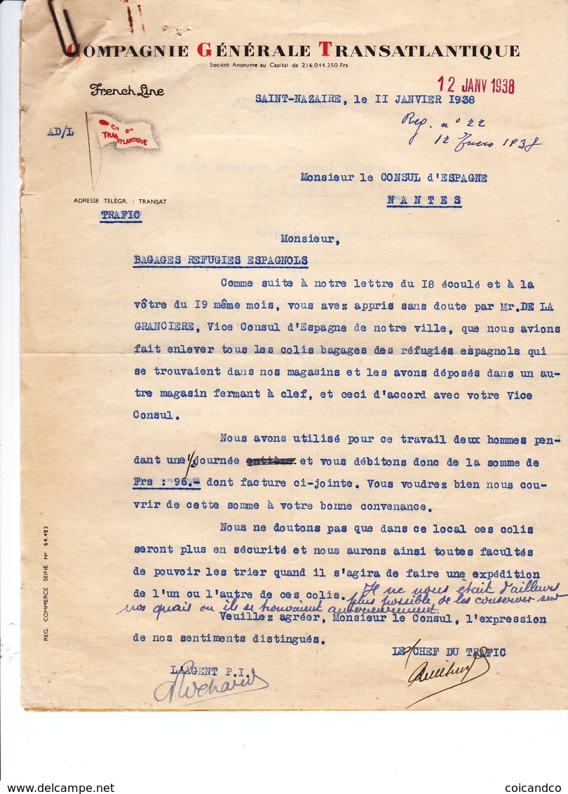 Courriers 1938 Guerre D' Espagne Saint Nazaire Compagnie Générale Maritime Consulat Nantes - Documentos Históricos