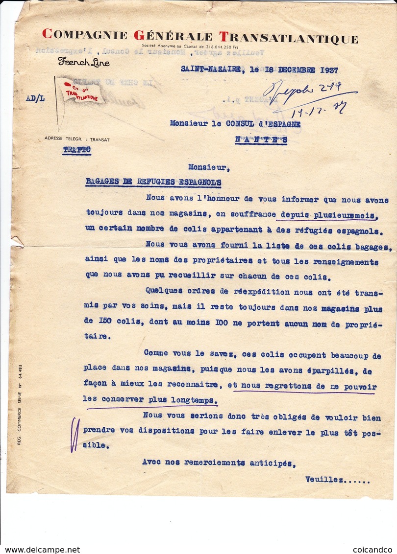 Courriers 1938 Guerre D' Espagne Saint Nazaire Compagnie Générale Maritime Consulat Nantes - Documentos Históricos