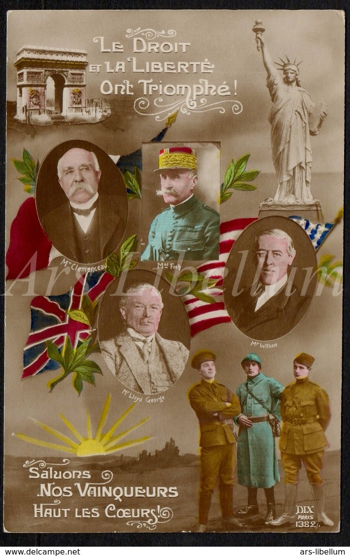 Postcard / CPA / President Woodrow Wilson / Georges Clemenceau / David Lloyd George / Ferdinand Foch / Statue Of Liberty - Guerre 1914-18