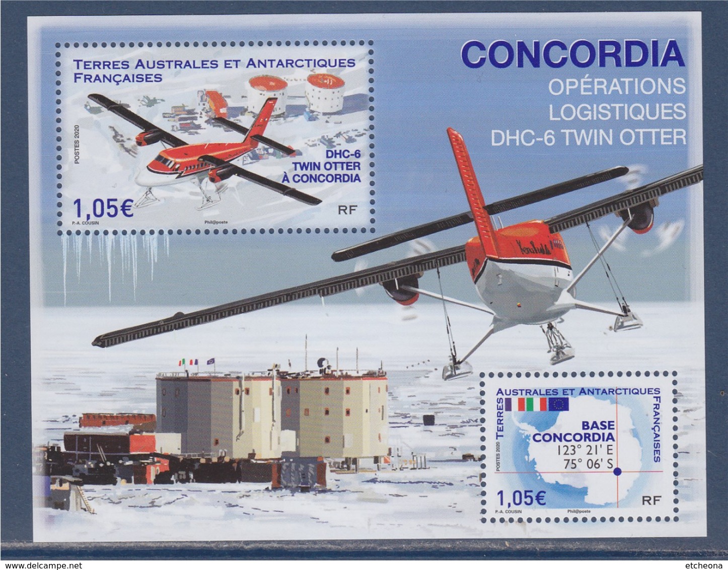 = Bloc 2 Timbres Neufs Terres Australes Base Concordia Opérations Logistiques DHC.6 TWIN OTTER - Blocs-feuillets