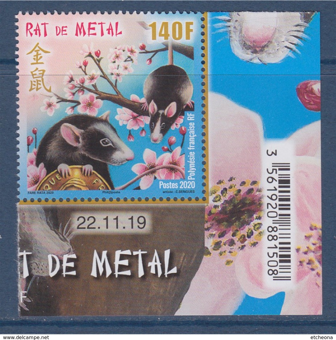 = Polynésie Française Nouvel An Chinois Rat De Métal Coin De Feuillet Avec La Date 22.11.19 Faciale 140F = 1.17€ - Neufs