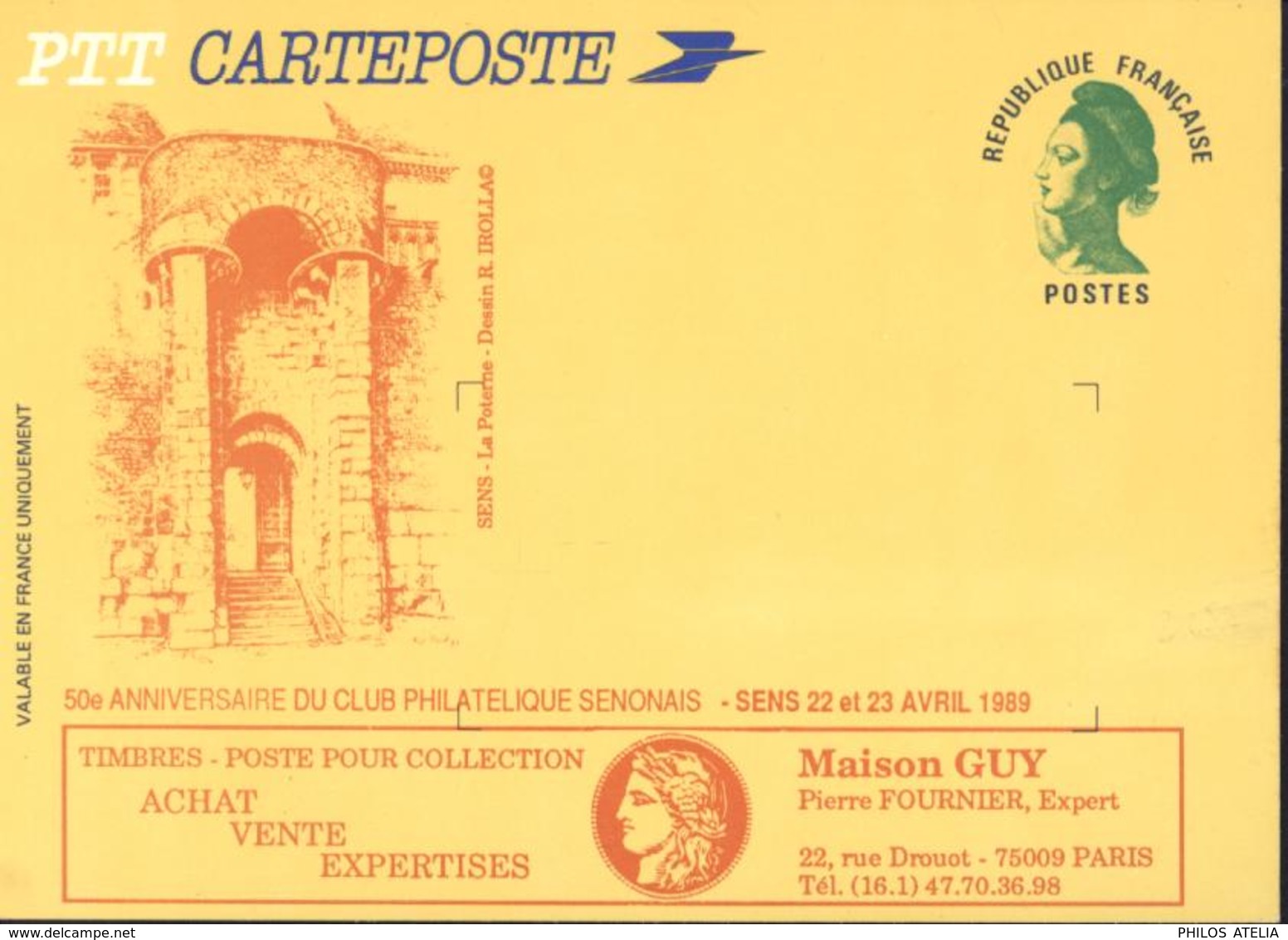 Entier CP Carte Poste Liberté Gandon Verte Sur Fonds Jaune Repiquage 50e Anniversaire Club Philatélique Sens 1989 - Cartoline Postali Ristampe (ante 1955)